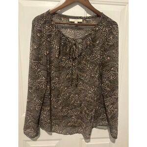 Ann Taylor Loft Blouse Long SleeveTie Neck‎ Top in Wild Prairie Print Medium